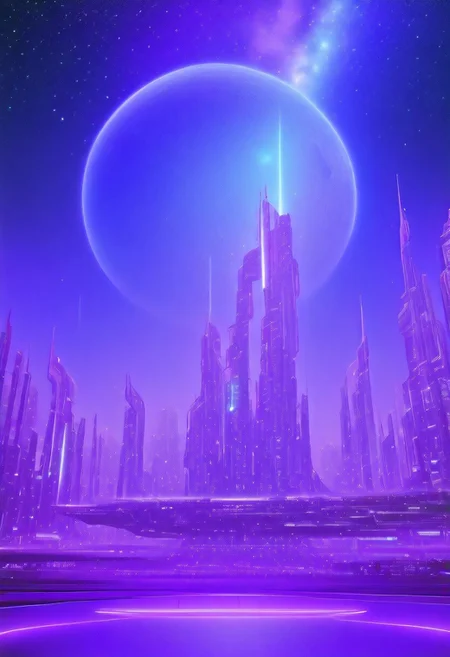 High quiality, high resolution, high definition,
Magical city with skyscrapers, a planet with purple colors and lines that emit white light surrounded by a planet ring, with the view from behind a cat looking towards the city, citybkg, anime style, high ilumination, galaxy sky, calid colours, spacial station
