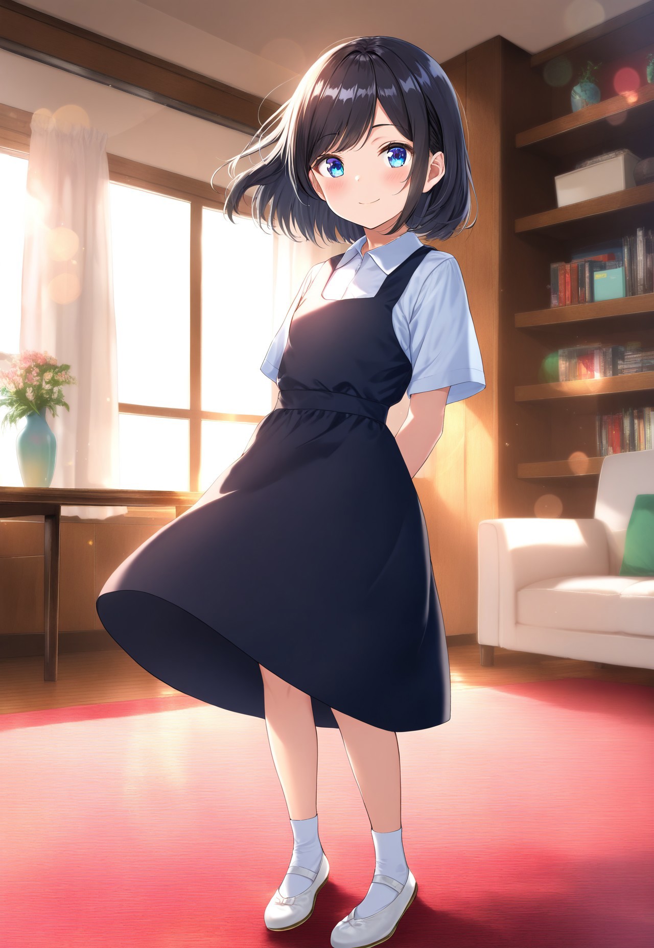 masterpiece, best quality,amazing quality,(1girl), solo,(depth of field),(solo focus),8K,HDR,(ultra high res),(highres),(full body),(lens flare),smile,blush,(black hair),(short hair),(blue eyes),(floating hair), sidelocks,(malaysian secondary school uniform),(pinafore dress),(black skirt),(black pinafore),(collared shirt),(white shirt),(short sleeves),(white socks),(short socks),(white footwear),(ballet flat),(indoors),(curtain),(room),(carpet),(couch),(vase),(window),(shelf),(table),(standing),(looking at viewer),child