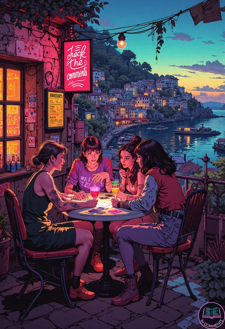 A digital illustration of a group of friends gathered around a small outdoor table at a cyberpunk-style café in a seaside town inspired by the Italian coastline of Cinque Terre. They are engaged in a lively card game, their laughter echoing down the cobblestone street. One of the friends, a woman with a glowing holographic tattoo, raises a toast with a luminous cocktail. Neon signs and holographic menus create a vibrant atmosphere, while the distant view of the ocean reflects the warm glow of the town’s lights.