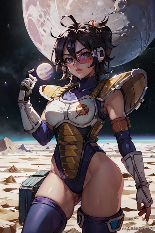 Saiyan Scouter, Saiyan_Scouter, scouter, tinted eyewear, 1girl, saiyan armor, sexy body, moon, planet, star, wallpaper, space, armor,<lora:EMS-301920-EMS:1.000000>
