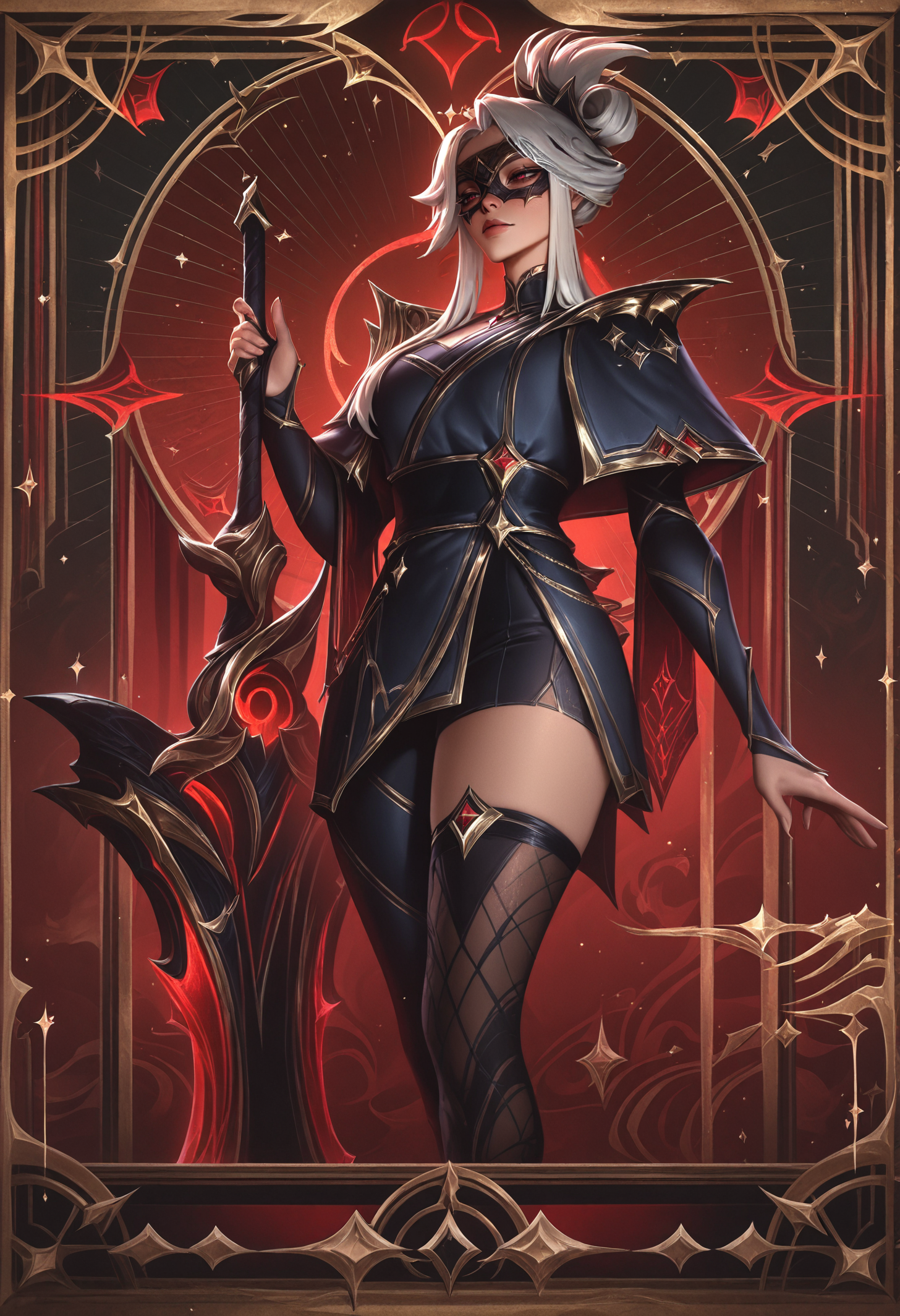 best quality, masterpiece \(quality\), L0LSPL4SH, year2024, year2023, Julia Yurtsev, patterned background, Arcana Riven, Arcana, Arcana 1girl, black background, red background, sword, huge weapon, planted sword, eye mask, sidelocks, folded ponytail, ornate border, border, asymmetrical legwear, capelet, <lora:L0LSPL4SH_IllustriousXLv01:1>