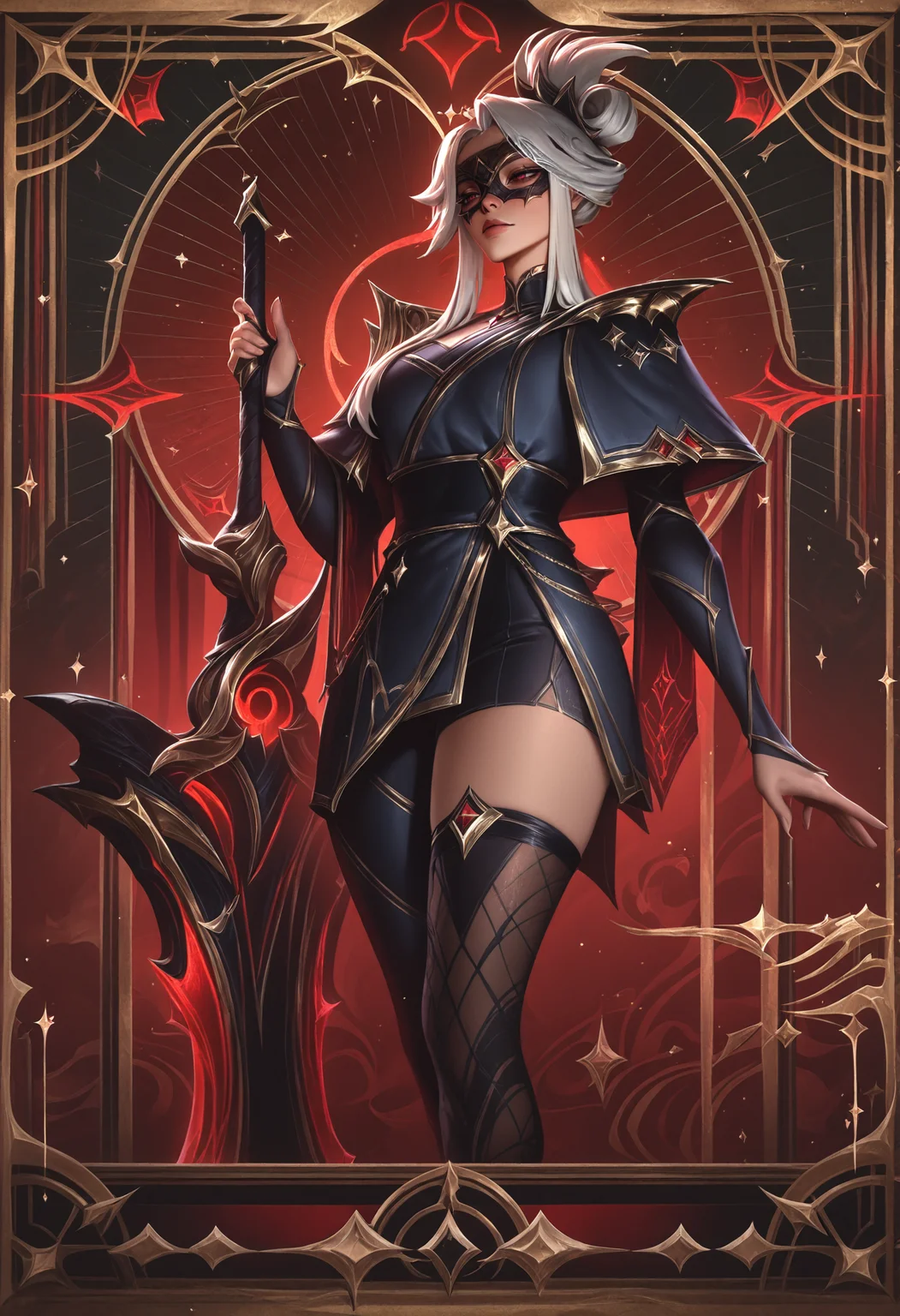 best quality, masterpiece \(quality\), L0LSPL4SH, year2024, year2023, Julia Yurtsev, patterned background, Arcana Riven, Arcana, Arcana 1girl, black background, red background, sword, huge weapon, planted sword, eye mask, sidelocks, folded ponytail, ornate border, border, asymmetrical legwear, capelet, <lora:L0LSPL4SH_IllustriousXLv01:1>