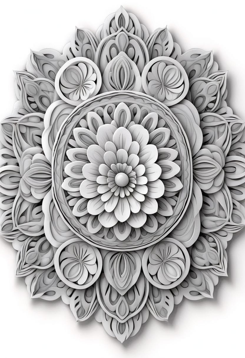Mandala style,Coloring page , 3d mandala pattern, Paris theme , greyscale