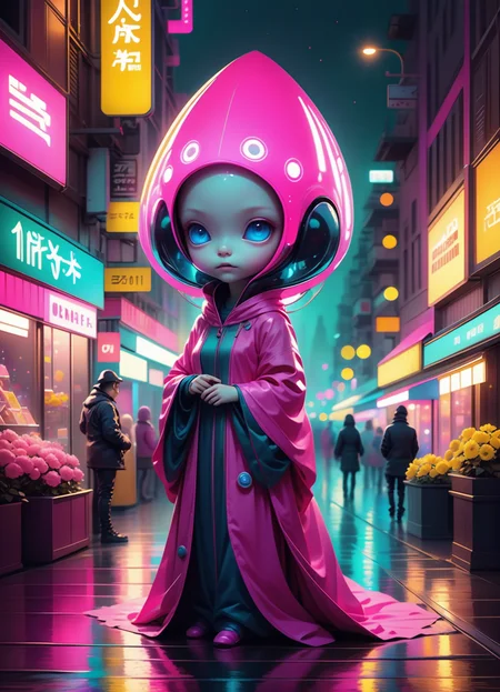 Color scheme of neon pink, neon blue, neon yellow, neon green, hyperrealistic art <lora:sss:0.6> cute little Japanese (alien:1.3) anime, neon lights, foggy night, stunning (full body shot) anime art by (Mark Ryden:1.1) <lora:Nicoletta_Ceccoli_2:0.4> Nicoletta Ceccoli <lora:another-bored-monsters:0.65> fx-monsters <lora:AnotherBoredDetailXL:0.7>, <lora:70s_Sci-Fi_Art_XL:0.8> <lora:g0th1cXL:0.8> g0th1cxl, glowing, neon . extremely high-resolution details, photographic, realism pushed to extreme, fine texture, incredibly lifelike, subsurface scattering, Photorealistic, Hyperrealistic, analog style, realistic, film photography, soft lighting, heavy shadow
