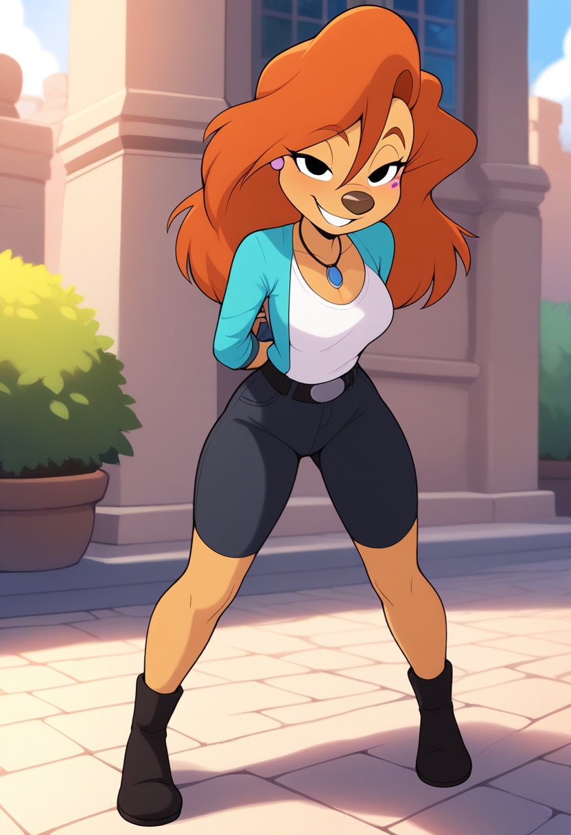 masterpiece, best quality, absurdes, 1girl, solo, full body,
<lora:Roxanne Rover (Goofy Movie) - Stylized (Illust):0.8> Roxanne_Rover, red hair, beauty mark, anthro, furry female,
hair between eyes,
grin, smile,
outdoors,
<lora:Detailer_NoobAI_Incrs_v1:0.4> detailed,