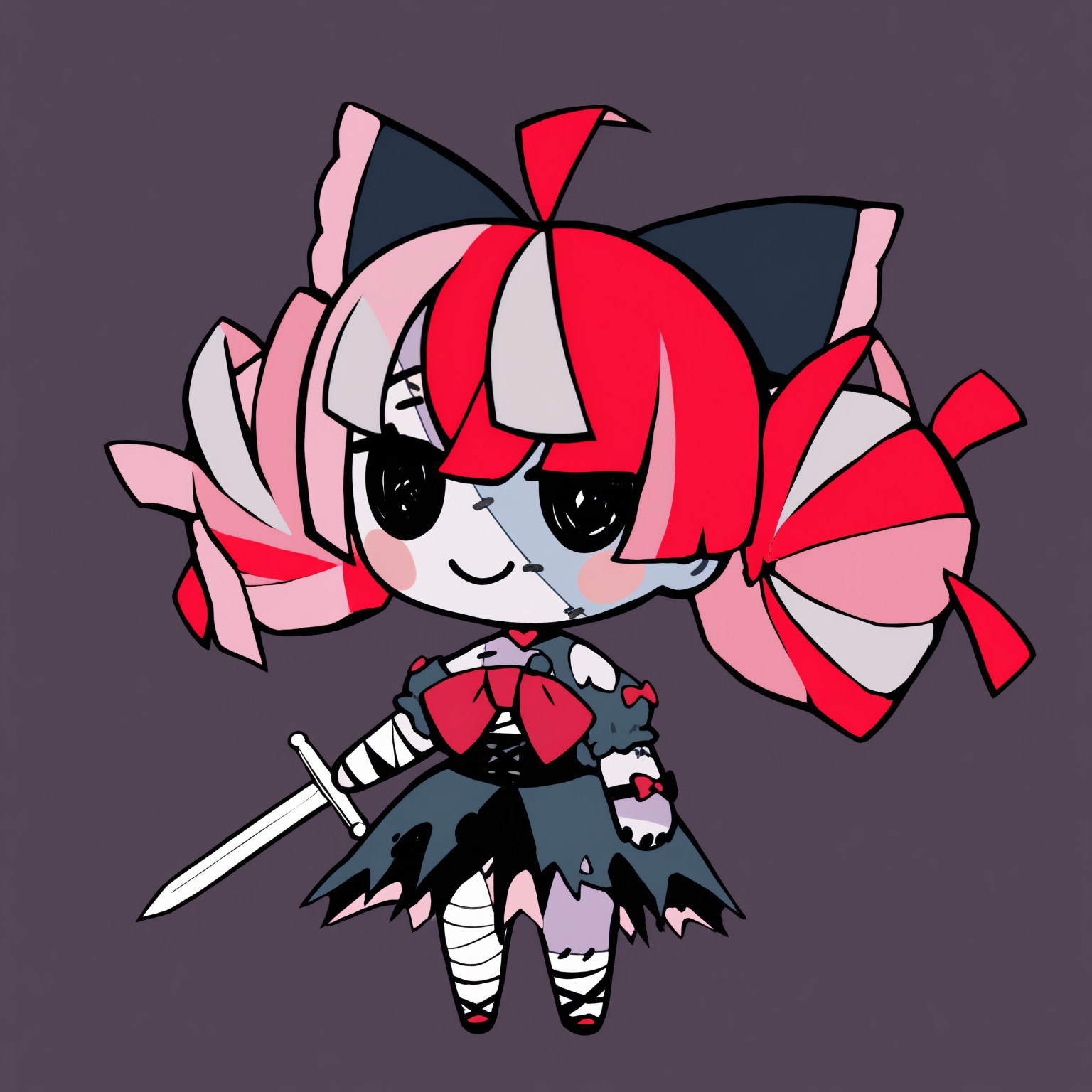 masterpiece, best quality, newest, chibi, full body, blush stickers, black eyes, solo, 1girl, kur31ji1st, zombie, two-tone skin, grey skin, patchwork skin, stitches, smile, standing, multicolored hair, red hair, pink hair, grey hair, blunt ends, ahoge, double bun, impaled, sword, hair bow, black bow, black dress, cross-laced dress, torn dress, red bow, huge bow, puffy short sleeves, wrist bow, black corset, bandaged arm, bandaged leg, black nails, bare shoulders, simple background 
<segment:yolo-Anzhc Face seg 640 v3 y11n.pt,0.4,0.6//cid=11>