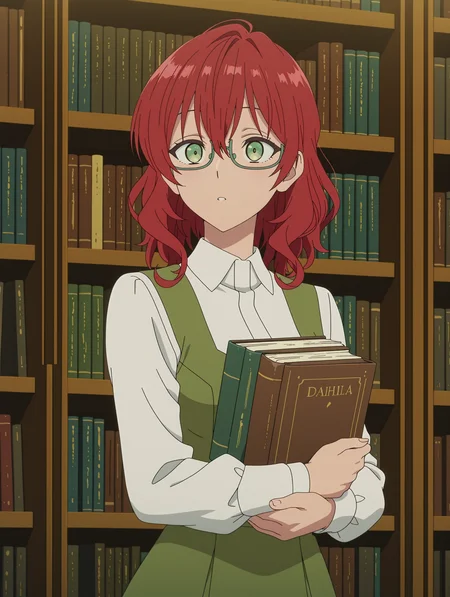 anime screencap,anime coloring,
<lora:DahliaRosetti_Illustrious:0.9> dahlia, red hair, green eyes,  teenager, green dress, 
white  shirt, collared shirt,
masterpiece,best quality,amazing quality,
