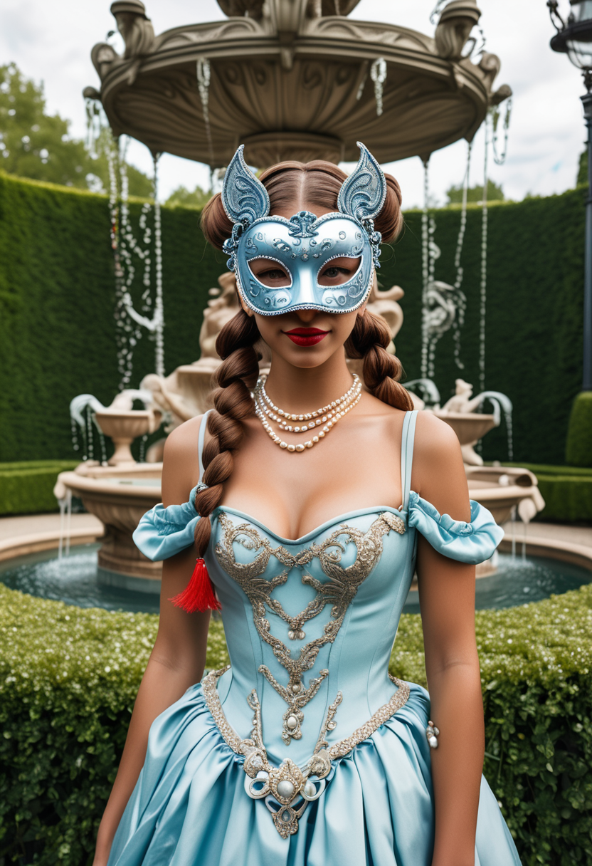 (medium full shot) of vintage young woman, tiny build, extra long brown pigtails hair, brazilian, tan skin, light Blue eyes, wearing a (venetian ball mask), champagne Victorian-style dress, strappy sandals, bold red lipstick, crystal tiara pearl necklace, set at a masquerade ball, in  a majestic garden, featuring grand fountains, manicured hedges, ornamental statues, peaceful ponds, stylish seating, woman smiling, ,Masterpiece,best quality, raw photo, realistic, very aesthetic