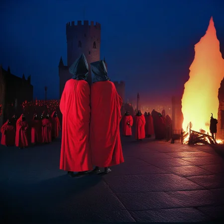 medieval castle, city square, red robes, night, black, very dark, fire, gradient, black border, auto da fe, ((creature)), food, people, scary, weird, silhouette, heretic, (((eerie, unnerving, occult, surreal)))