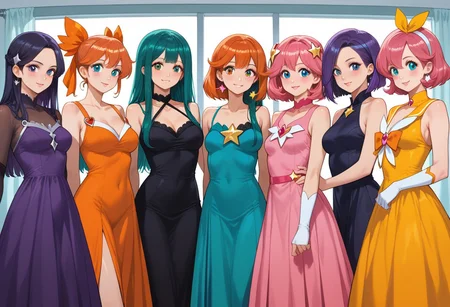 score_9, score_8_up, score_7_up, 
source_anime, deep colors, 
high quality, high resolution, detailed, highres, highly detailed, intricate details, beautiful eyes,
BREAK
multiple girl, (magical girls:1.3), (magical girl:1.3), 5 girls, 5girls,
red hair, pink hair, orange hair, yellow hair, green hair, cyan hair, blue hair, purple hair, violet hair, black hair, 
red dress, pink dress, orange dress, yellow dress, green dress, cyan dress, blue dress, purple dress, violet dress, black dress,