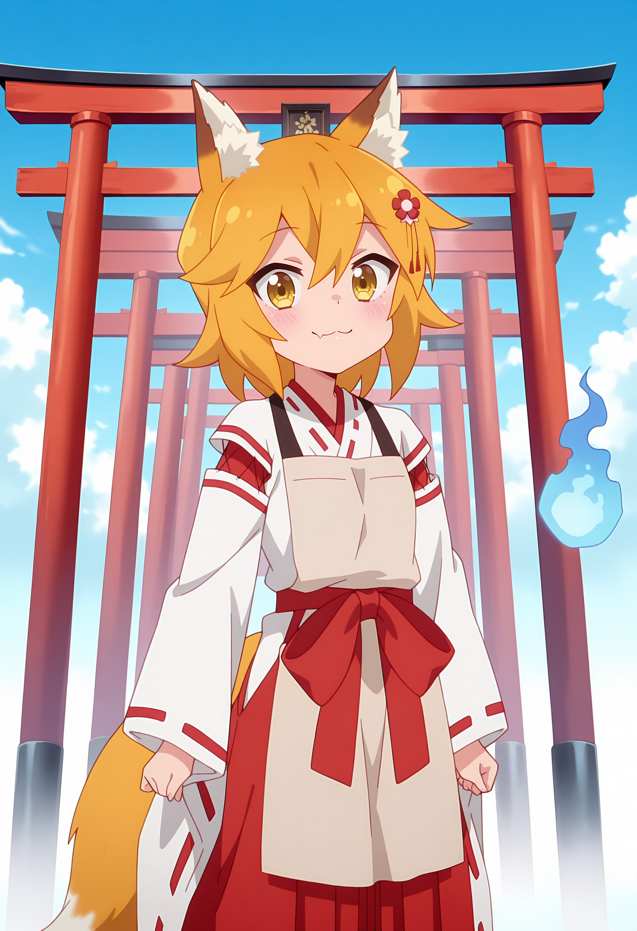 anime screencap, masterpiece, best quality,
<lora:SewayakiKitsune_Senko_IlluXL:0.9>,
1girl, solo, closed mouth, smile, :3, skin fang, blush,
orange hair, short hair, yellow eyes, hair ornament, fox ears, fox tail, 
miko, light brown apron, white kimono, ribbon-trimmed sleeves, red hakama,
standing, looking at viewer, cowboy shot,
gradient background, multiple torii, hitodama, cloud, xiangyun, fog