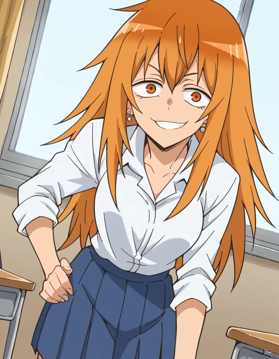 score_9, score_8_up, score_7_up, source_anime,
makigamou, <lora:maki-gamou-s1s2-ponyxl-lora-nochekaiser:1>,
maki gamou, long hair, orange hair, orange eyes, sanpaku,
skirt, shirt, jewelry, school uniform, white shirt, pleated skirt, earrings, blue skirt,
indoors, classroom, bent over, smile,
looking at viewer, cowboy shot, solo, dutch angle,