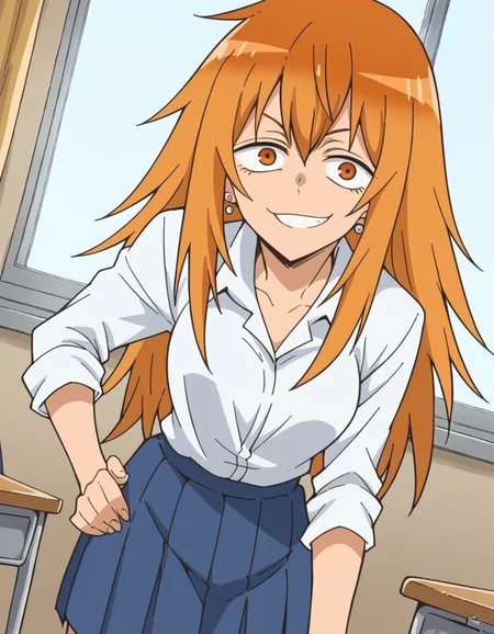 score_9, score_8_up, score_7_up, source_anime,
makigamou, <lora:maki-gamou-s1s2-ponyxl-lora-nochekaiser:1>,
maki gamou, long hair, orange hair, orange eyes, sanpaku,
skirt, shirt, jewelry, school uniform, white shirt, pleated skirt, earrings, blue skirt,
indoors, classroom, bent over, smile,
looking at viewer, cowboy shot, solo, dutch angle,
