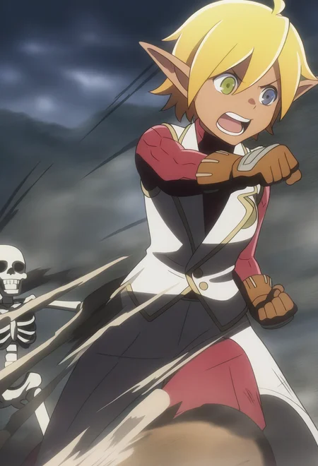 masterpiece,best quality, 1girl,aurabellaf ,blonde,short hair,heterochromia,elf ears,dark skin,fight,skeletons <lora:aurabellaf-il (6):1>