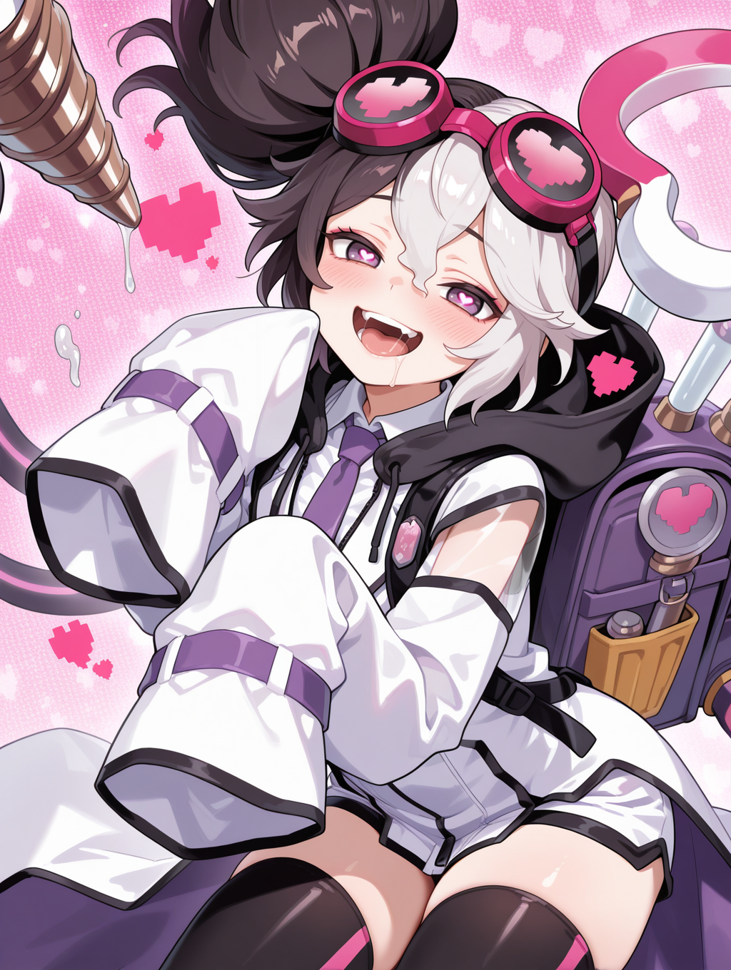 vanquish soul dr. mad love, 1girl, pixel heart, solo, open mouth, smile, blush, looking at viewer, heart-shaped pupils, see-through sleeves, single sleeve past fingers, teeth, cone \(weapon\), hood down, saliva, backpack, white hair ornament, goggles on head, white collared shirt, white labcoat, purple necktie, single white glove, black short shorts, black thighhighs, extra mechanical arms, drill, polka dot background,,
masterpiece,best quality,amazing quality,very aesthetic,absurdres,newest,<lora:Vanquish Soul Dr. Mad Love illusXL v1.1:0.72>,