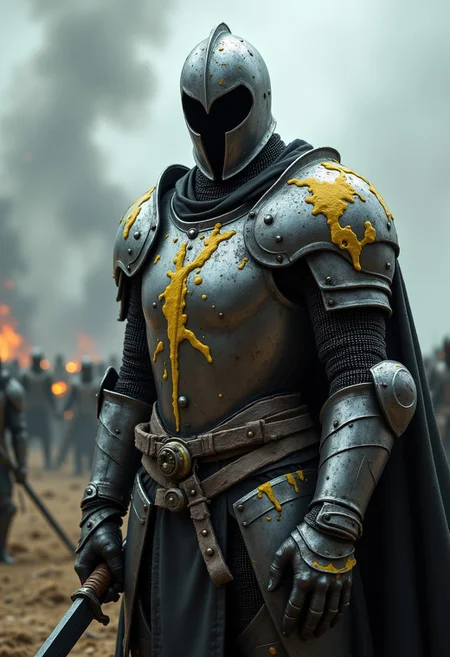 a knight in heavy armor, his face is hidden by the armor, yellow liquid flows from under the armor. holding a very long sword in his hand, in the background there is a battlefield and smoke. aidmafluxpro1.1,Perfect hand