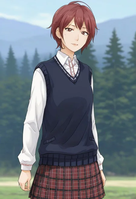 masterpiece, best quality,
kd_vnstyle
1girl, (solo)
short messy hair,
red hair,
bangs,
school uniform,
white shirt, long sleeves,
skirt, plaid skirt,
(blue sweater vest),