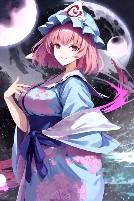 Yuyuko, pink hair, saigyouji yuyuko, breasts, short hair, triangular headpiece, hat, solo, mob cap, looking at viewer, japanese clothes, large breasts, pink eyes, kimono, smile, blue headwear, blue kimono, long sleeves, bangs, frills, wide sleeves, hair between eyes