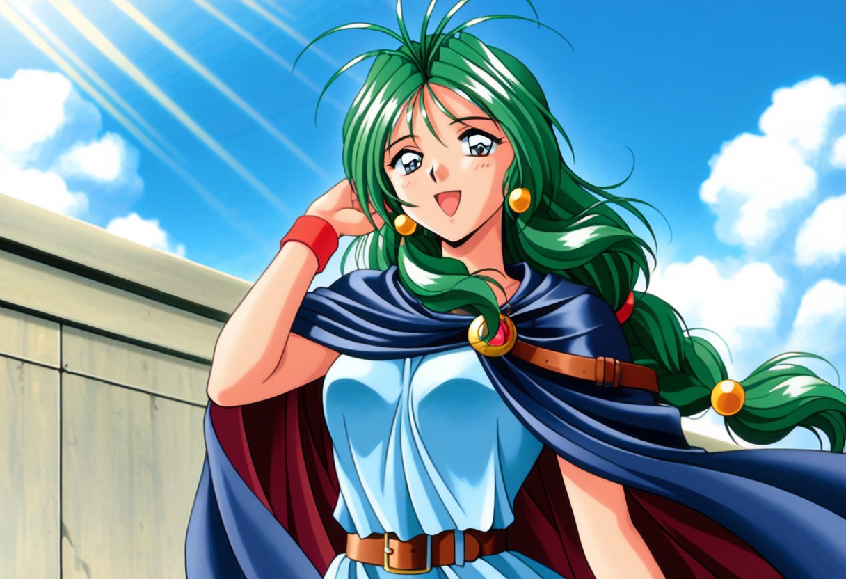 masterpiece, best quality, amazing quality, very aesthetic, high resolution, 1girl, cowboy shot, anime-style, digital art, high resolution, cute girl, smiling, sunlight, bright, clear sky, blue sky, clouds, daytime, outdoor, wind blowing her hair, dynamic pose, cheerful mood, light reflections, detailed background, high quality, beautiful, attractive, light rays, bright lighting, sky, joyful, happy, energetic, bright atmosphere, detailed shading, anime aesthetics, vibrant, lively, braid, jewelry, belt, cape, blue dress, wristband, retro artstyle, 1990s \(style\), 
clairemm, blue eyes, green hair, antenna hair, long hair, low-tied long hair, hair bobbles, medium breasts, mature female,
