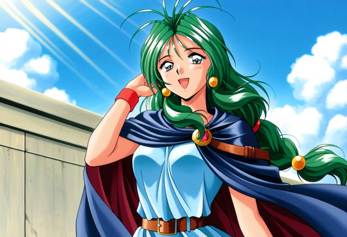 masterpiece, best quality, amazing quality, very aesthetic, high resolution, 1girl, cowboy shot, anime-style, digital art, high resolution, cute girl, smiling, sunlight, bright, clear sky, blue sky, clouds, daytime, outdoor, wind blowing her hair, dynamic pose, cheerful mood, light reflections, detailed background, high quality, beautiful, attractive, light rays, bright lighting, sky, joyful, happy, energetic, bright atmosphere, detailed shading, anime aesthetics, vibrant, lively, braid, jewelry, belt, cape, blue dress, wristband, retro artstyle, 1990s \(style\),
clairemm, blue eyes, green hair, antenna hair, long hair, low-tied long hair, hair bobbles, medium breasts, mature female,