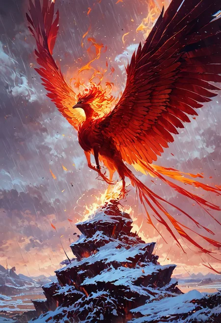 score_9, score_8_up, score_7_up, score_6_up, score_5_up, score_4_up,beautiful fire phoenix in flight, saturated colors, 8K, lifelike striped flames on wings, wind, rain, thunder, snowy mountains, desert, sea, colorful, masterpiece, roc spreading wings, cinematic footage, solo