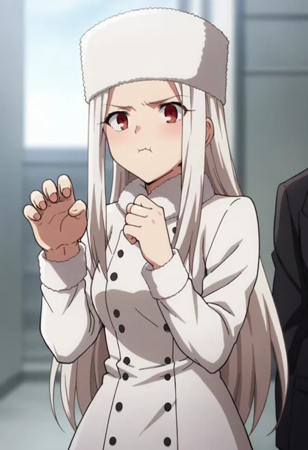 score_9, score_7_up, score_6_up, score_5_up, source_anime, rating_safe, (anime screencap:0.2), solo focus, 1girl, cowboy shot, long hair, white hair, red eyes, medium breasts, white fur hat, coat, thigh boots, (hands up:0.7), paw pose, pout, closed mouth, puffy cheeks, clenched hands,