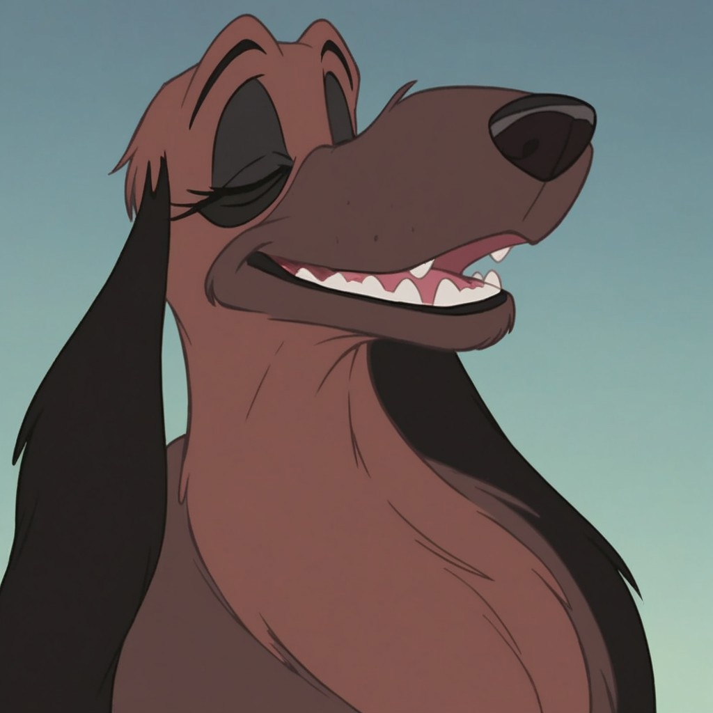 score_9, score_8_up, score_7_up, Expressiveh, masterpiece, best quality, highly detailed, realistic,  1girl, solo, (RubyLT, furry, feral, canine, female dog, black ears, floppy ears, black eyebrows, black nose, brown body, brown fur), upper body, blue background, simple background, open mouth, teeth, eyes closed, smile