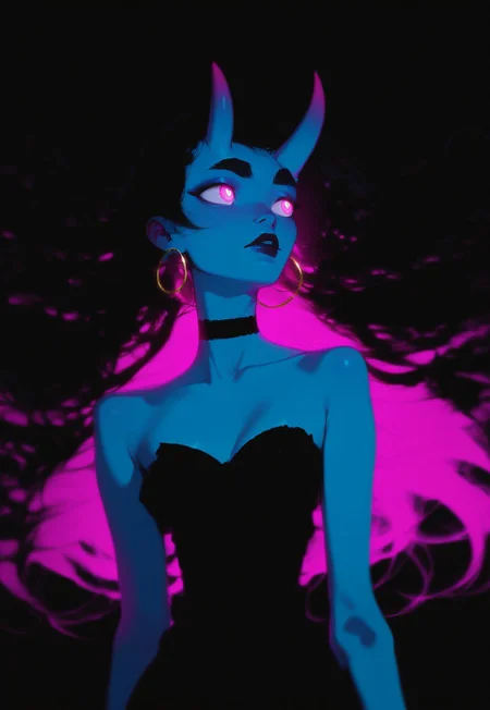 (Blend_in, black background), score_9, score_8_up, score_7_up, masterpiece, best quality, absurdres, vibrant, highly detailed, very aesthetic, sidelightning, close-up, mature, beautiful, stunning, 1girl, solo, Kuroni Black, colored skin, deep blue skin, Aka-Oni, oni girl, straight horns, black hair, long hair, pink eyes, glowing eyes, short thick eyebrows, (((adult))), thin gold hoop earrings, black satin choker band, (matte red lips:1.2), black evening dress, black clothes, bare shoulders, looking to the side, head turned to the side, arms at sides