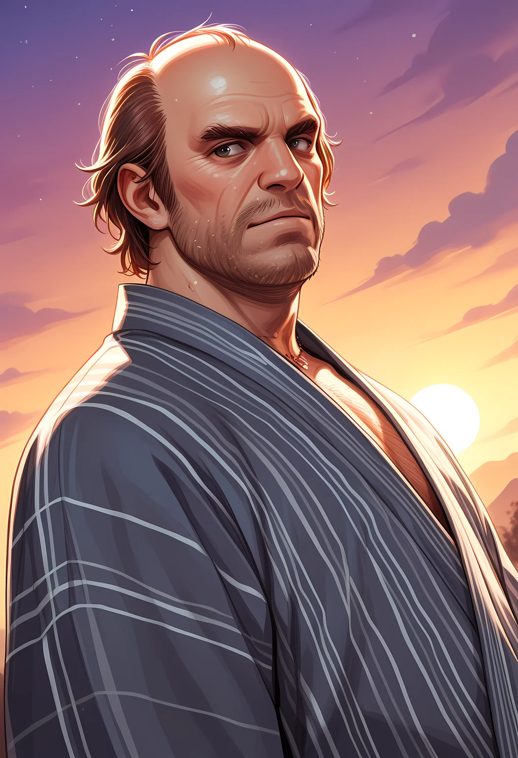 masterpiece, best quality, amazing quality, dutch angle, abstract background, BREAK
solo, male focus, 1boy, mature male, gta_trev, brown hair, balding, stubble, yukata, japanese clothing, upper body focus, BREAK
<lora:cfg_scale_boost:.6> <lora:Trevor_Philips_-_Grand_Theft_Auto_V_-_ILXL:1>