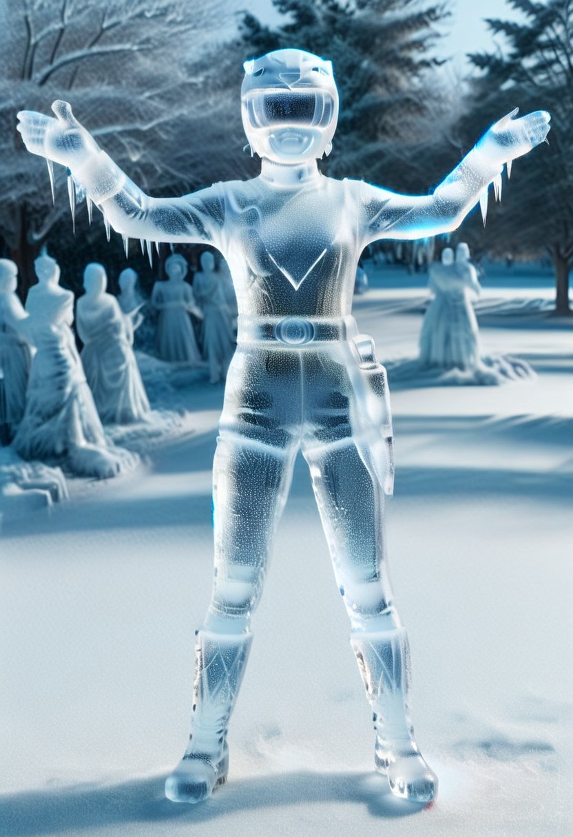 ice statue of female yellow-power-ranger, alone, morphed, helmet, ice catsuit, ice gloves belt boots holster, entirely made of ice, standing square-on, in rural park, arms slightly-outstretched, full body photo, hyperdetailed photography