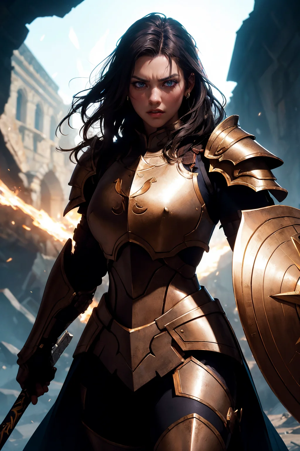 an illustration of a female paladin adorned in holy armor, wielding a holy shield, furrowed brow,
masterpiece, best quality, intricate detail, high background detail, high contrast, <lora:emotion_angry_slider_v1:1> raytracing, <lora:backlight_slider_v10:-1> <lora:contrast_slider_v10:2>