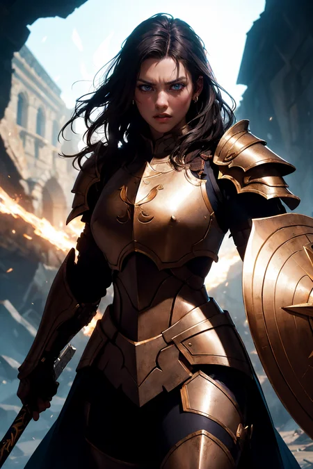an illustration of a female paladin adorned in holy armor, wielding a holy shield, furrowed brow,
masterpiece, best quality, intricate detail, high background detail, high contrast, <lora:emotion_angry_slider_v1:1> raytracing, <lora:backlight_slider_v10:-1> <lora:contrast_slider_v10:2>