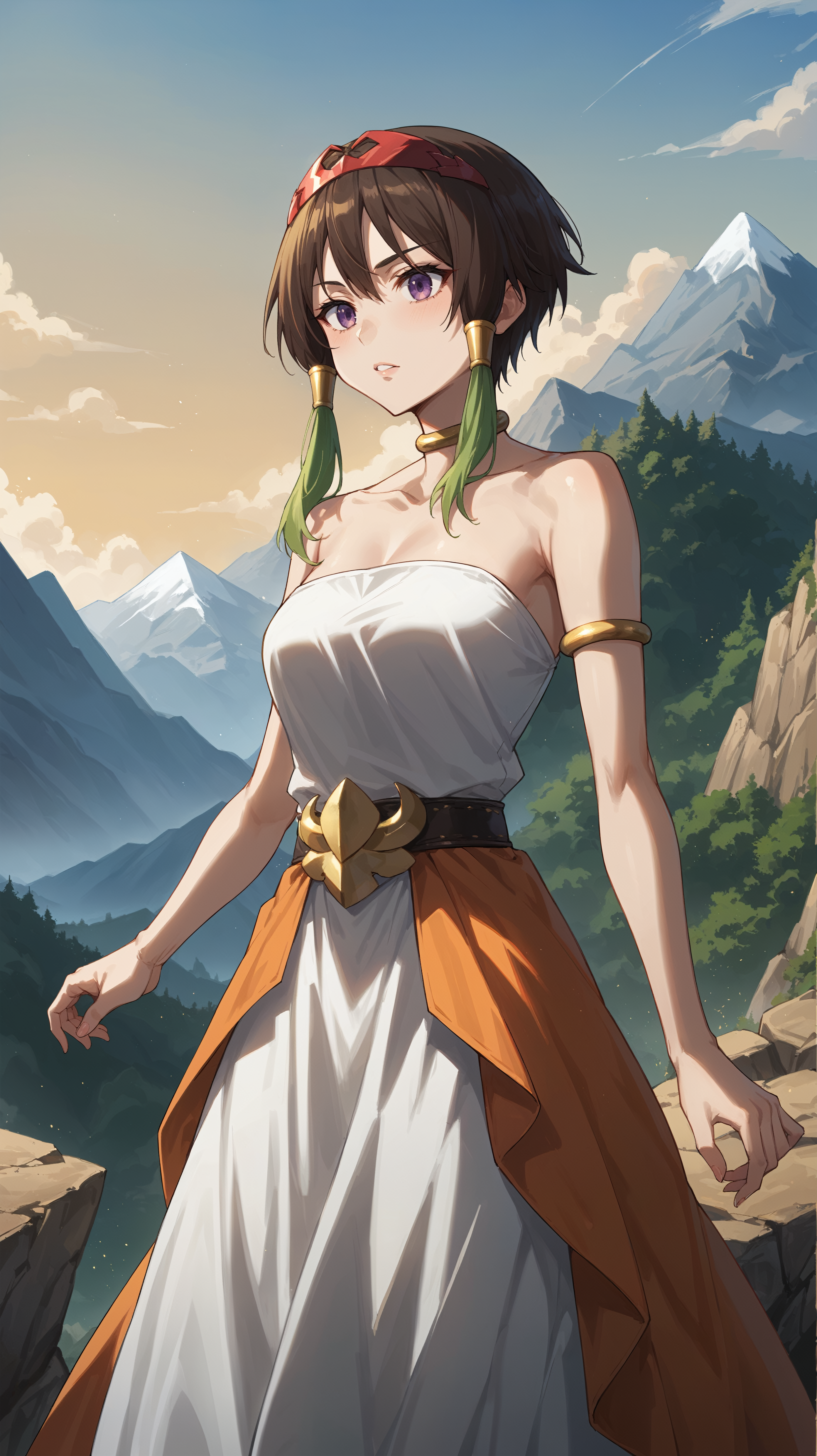 score_9,score_8_up,score_7_up,score_6_up, <lora:xl_more_art-full_v1:0.5>, source_anime, woman, dynamic pose, standing, <lora:Towa - Pony:0.8>, short hair, brown hair, green tips, colored tips, multicolored hair, hair tubes, red circlet, purple eyes, gold armlets, gold choker, white dress, gold belt buckle, orange waist cape, mountain, cliff, rocks, mountainous horizon,