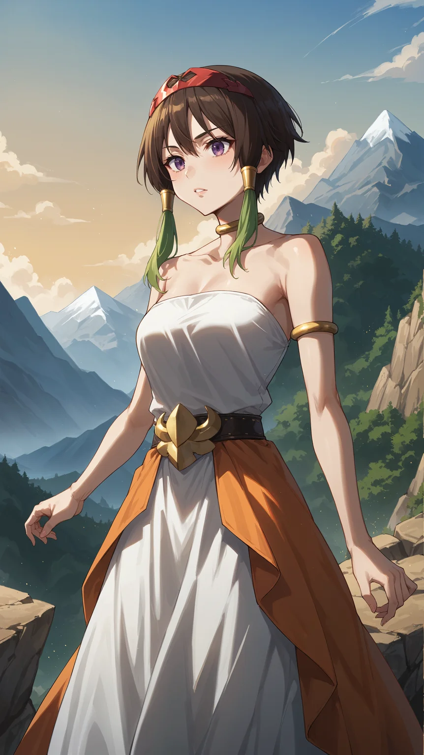 score_9,score_8_up,score_7_up,score_6_up, <lora:xl_more_art-full_v1:0.5>, source_anime, woman, dynamic pose, standing, <lora:Towa - Pony:0.8>, short hair, brown hair, green tips, colored tips, multicolored hair, hair tubes, red circlet, purple eyes, gold armlets, gold choker, white dress, gold belt buckle, orange waist cape, mountain, cliff, rocks, mountainous horizon,