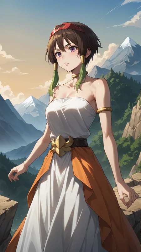 score_9,score_8_up,score_7_up,score_6_up, <lora:xl_more_art-full_v1:0.5>, source_anime, woman, dynamic pose, standing, <lora:Towa - Pony:0.8>, short hair, brown hair, green tips, colored tips, multicolored hair, hair tubes, red circlet, purple eyes, gold armlets, gold choker, white dress, gold belt buckle, orange waist cape, mountain, cliff, rocks, mountainous horizon,