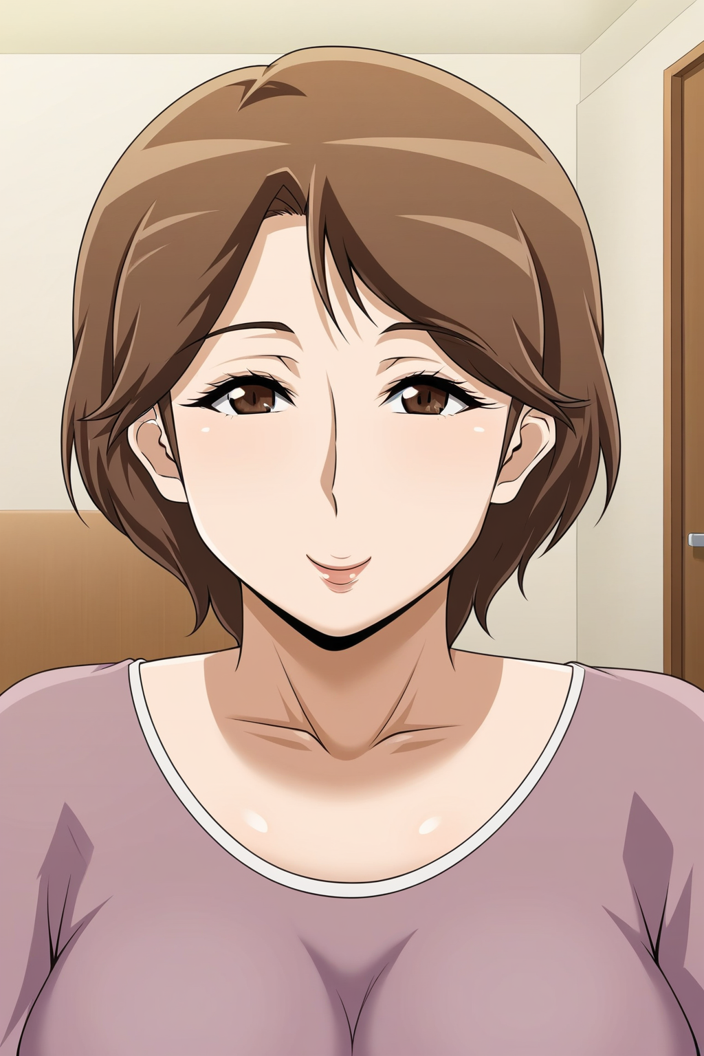 <lora:Vermilion_Kinjo_no_Oba-san_ni_Tanomarete_Takuran_Kozukuri_Seikatsu:0.8>,oba,1girl,solo,brown hair,short hair,brown eyes,mature female,shirt,smile,upper body,looking at viewer,indoors