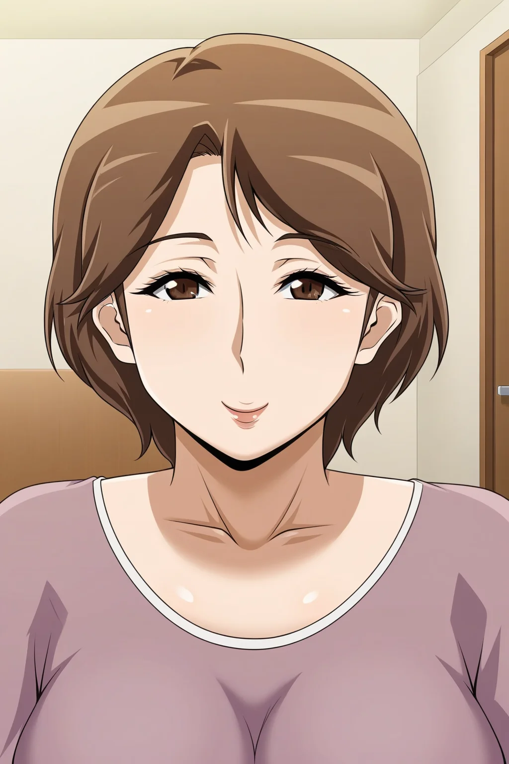 <lora:Vermilion_Kinjo_no_Oba-san_ni_Tanomarete_Takuran_Kozukuri_Seikatsu:0.8>,oba,1girl,solo,brown hair,short hair,brown eyes,mature female,shirt,smile,upper body,looking at viewer,indoors