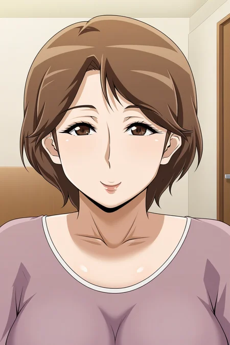 <lora:Vermilion_Kinjo_no_Oba-san_ni_Tanomarete_Takuran_Kozukuri_Seikatsu:0.8>,oba,1girl,solo,brown hair,short hair,brown eyes,mature female,shirt,smile,upper body,looking at viewer,indoors