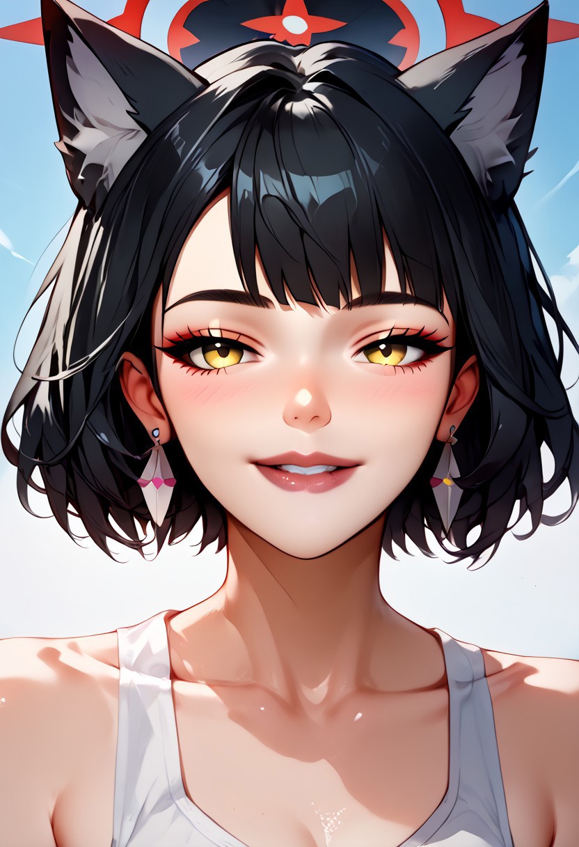 Expressiveh, score_9, score_8_up, score_7_up, score_6_up, masterpiece, highres, wakamo, yellow eyes, black hair, very long hair, colored-inner hair, multicolored hair, fox ears, fox tail, halo, 1girl, black hair, solo, earrings, short hair, jewelry, bangs, looking at viewer, choker, yellow eyes, face, smug smile, puffy glossy lips, bite lips, teeth, black eyes, collarbone, piercing, seductive portraiture,  front view<lora:Expressive_H-000001:0.8>, expressiveH, <lora:MythP0rtr4itStyle:1>, mythp0rt, <lora:Pony_DetailV1.0:-1.0>