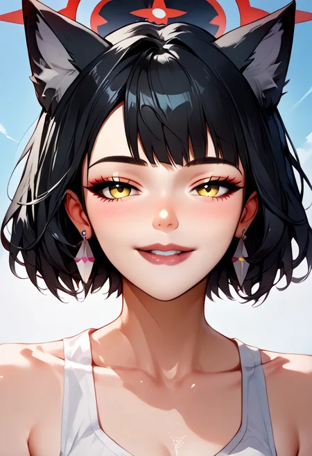 Expressiveh, score_9, score_8_up, score_7_up, score_6_up, masterpiece, highres, wakamo, yellow eyes, black hair, very long hair, colored-inner hair, multicolored hair, fox ears, fox tail, halo, 1girl, black hair, solo, earrings, short hair, jewelry, bangs, looking at viewer, choker, yellow eyes, face, smug smile, puffy glossy lips, bite lips, teeth, black eyes, collarbone, piercing, seductive portraiture, front view<lora:Expressive_H-000001:0.8>, expressiveH, <lora:MythP0rtr4itStyle:1>, mythp0rt, <lora:Pony_DetailV1.0:-1.0>