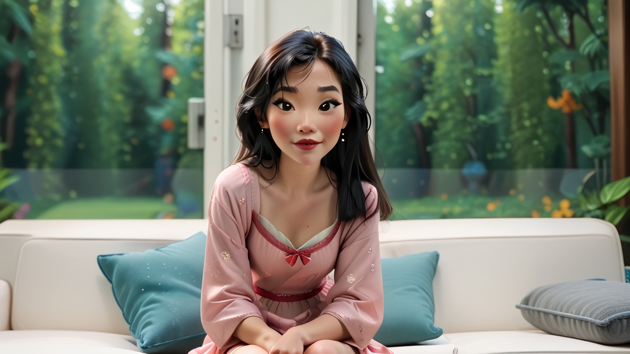 princess Mulan, <lora:princess_pony_v1:0.6> g00dp0rt, 1girl, on couch, solo, sitting,dress, blurry background solo, , l0r4cchd <lora:cchdcustomlogolessmerge:0.75> doggy, zPDXL3 zPDXLxxx