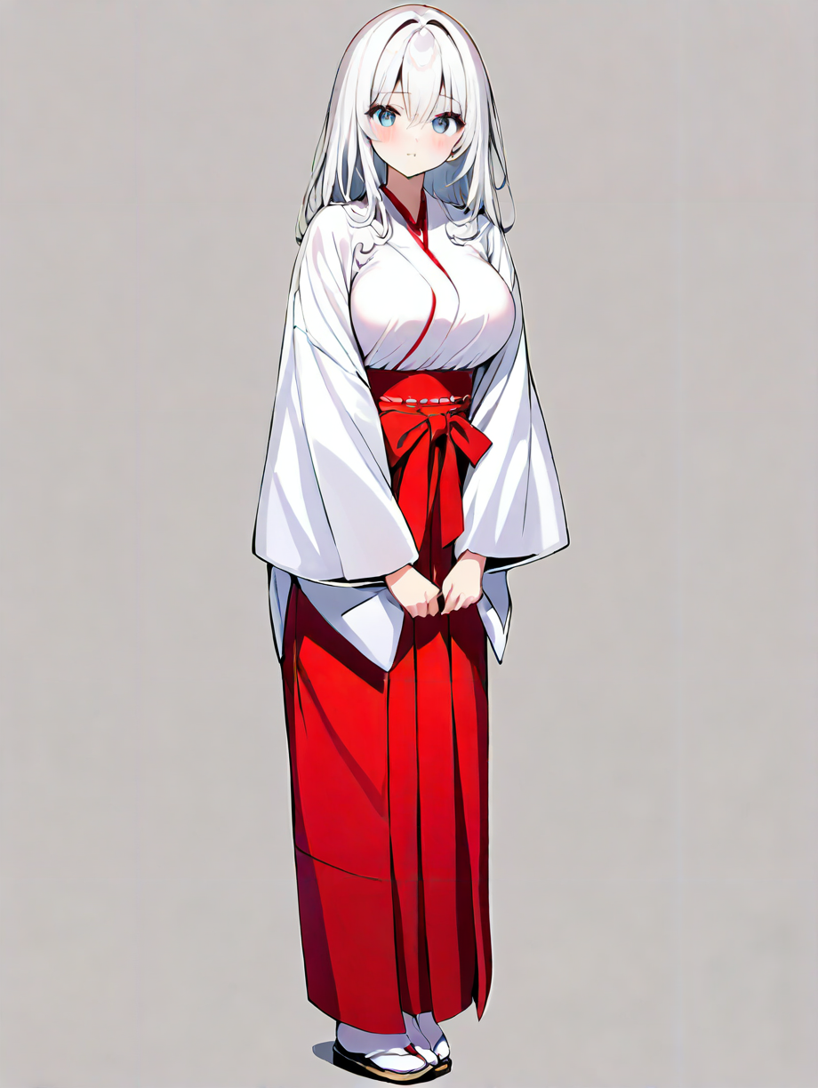 masterpiece,ultra-detailed,best quality,8K,illustration,cute face,clean skin ,shiny hair,solo,woman,large breasts,ultra-detailed-eyes,simple background,  <lora:miko_XL_illustrious_V1.0:1> jyojifuku, miko,red hakama,tabi