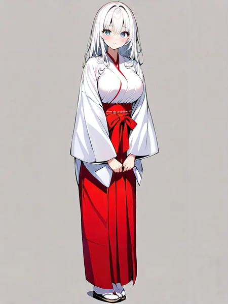 masterpiece,ultra-detailed,best quality,8K,illustration,cute face,clean skin ,shiny hair,solo,woman,large breasts,ultra-detailed-eyes,simple background, <lora:miko_XL_illustrious_V1.0:1> jyojifuku, miko,red hakama,tabi