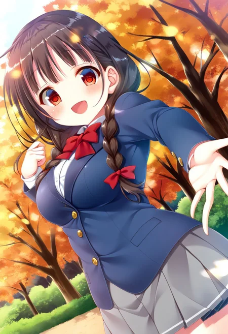 score_9, score_8_up, score_7_up, source_anime, (nsfw:1.0), BREAK,
mitsumomo style,
(cute 1girl), (shortstack:0.9), (large breasts), red eyes, (tareme:1.5), dark brown hair, braids, (low twinbraids), red ribbon,
school uniform, bow, red bow tie, blazer, (blue blazer, close:1.3), mini skirt, gray skirt,
smile,
angle:random, looking at viewer,
outdoors, autumn season,