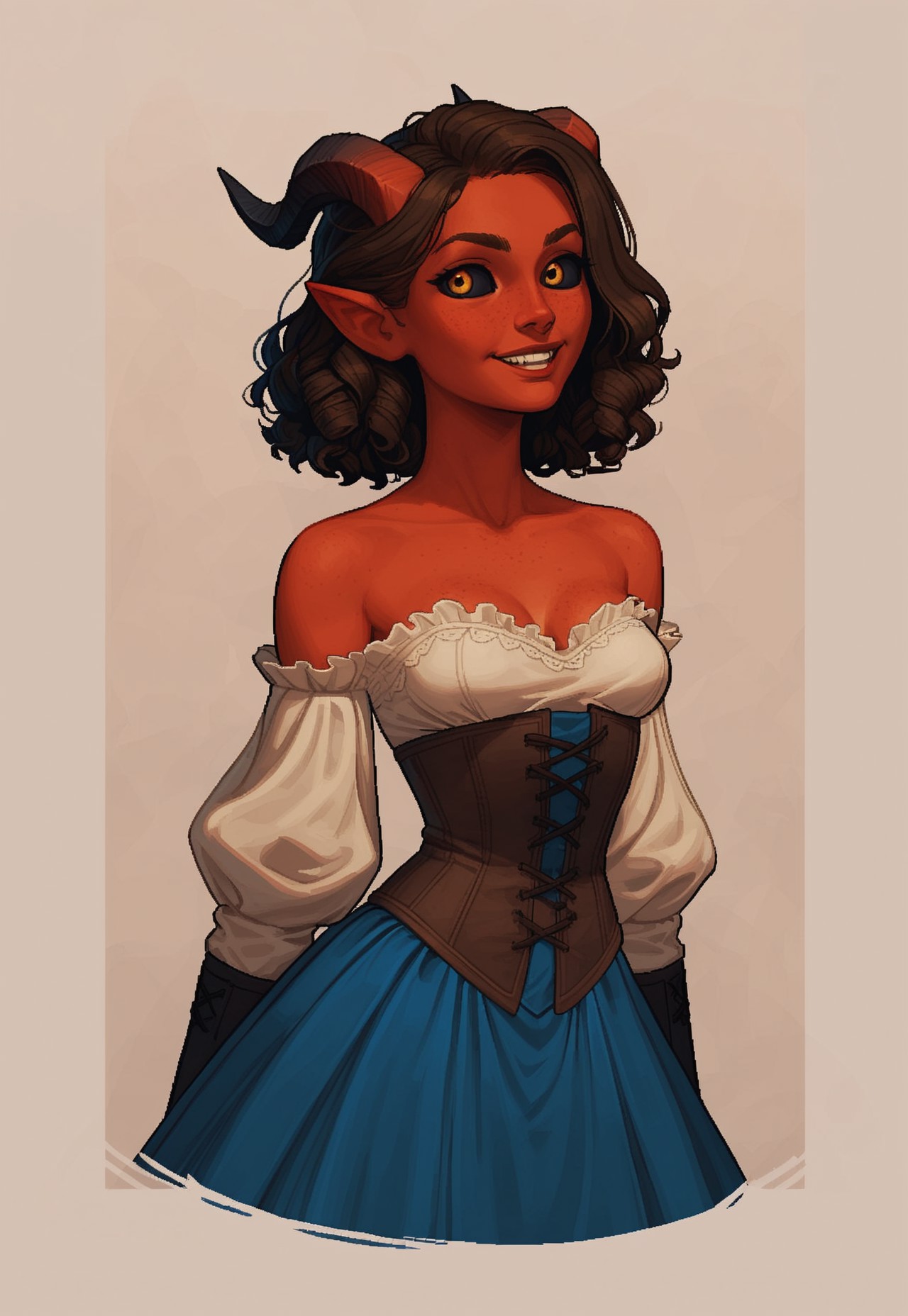score_9,score_8_up,score_7_up,score_6_up,score_5_up, masterpiece, best_quality, ultra-detailed, 1girl, solo, masterpiece, no background, girl, BREAK,  (girl: tiefling, pointed ears, black sclera, eyes with amber highlight, horns, Short horns, backward horns,  gradient black horns with red ends, reddish brown skin, curly-wavy hair, medium hair, dark-brown hair, glossy hair, freckles, petite, big eyes, Gradient black hands. Slim tail, red tail with black pointy end, Petite, toned body, small breasts, perky breasts. smiling), 

small cleavage, 
BREAK,
medieval clothing with white bustline, loose corset, blue corset, strapless, white elbow long, sleeves,, blue skirt, off shoulder, collarbone, cleavage, BREAK,
Pixel art, game sprite, portrait, full body




