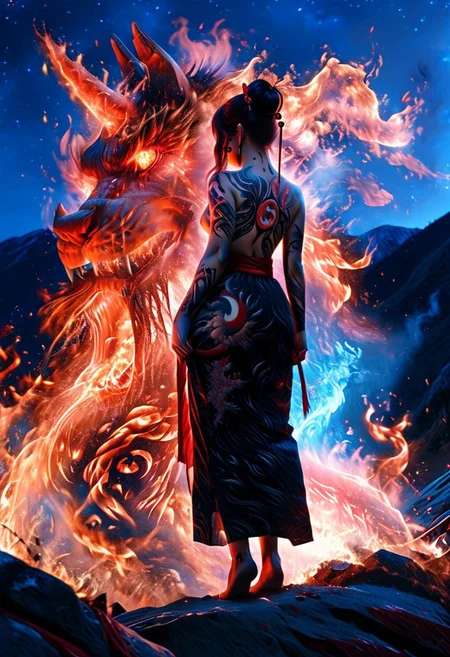 score_9, score_8_up, score_7_up. BREAK. Translucent, 8k, (ultra detailed:1.4), back view, irezumi, looking away, standing, on top of mountains, 1female, (full-body tattoo:1.9), black hair updo, hair ornaments, <lora:tatoo:1>, translucent black/red tatoo, kimono, black yukata, red sash, obi, pulled yukata, night, (red lunar eclipse moon), detailed gigantic dragon roaring in front of the female face,composed of fire elements, fire element, blue fire, cinematic light, very aesthetic, absurdres, incredibly absurdres, subsurface scattering, detailed skin, detailed tatoo, glowing,