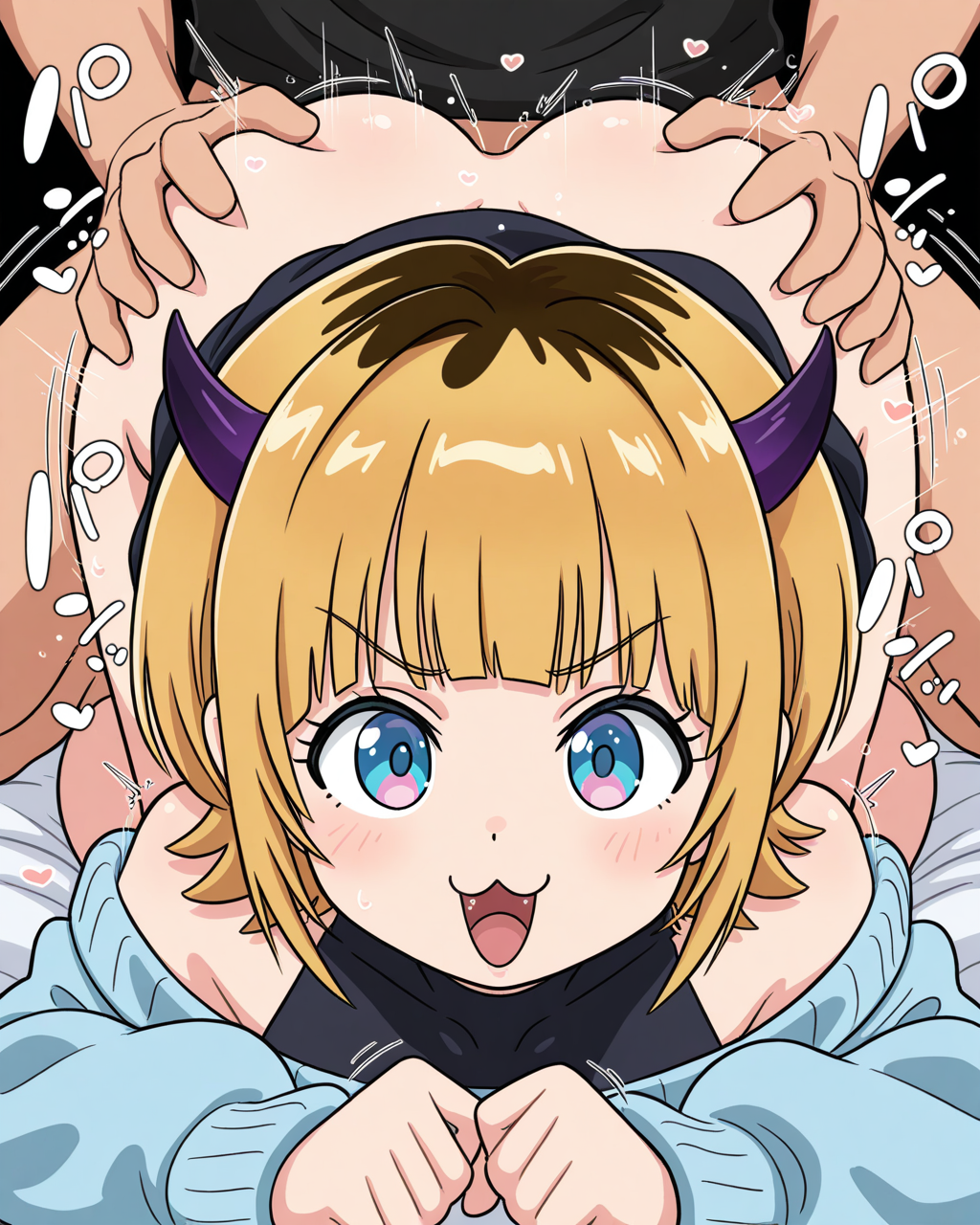 1girl, solo focus, memcho, demon horns, fake horns, multicolored hair, blonde hair, brown hair, bob cut, blue eyes, off-shoulder sweater, blue sweater, long sleeves, bare shoulders, black shirt, covered collarbone, black skirt, :3, open mouth, happy, ketsumoa, (sex:1.1), sex from behind, doggystyle, looking at viewer, 1boy, penis, ass grab, motion lines, motion lines, sound effects, simple background, black background, masterpiece, best quality, very aesthetic, absurdres