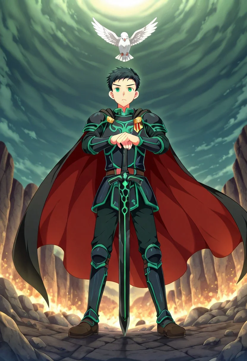 yuto_umemura, black hair, short hair, mint green eyes, he is dressed in a suit of dark iron platemail. Break. he is holding up a black coloured sword, Properly holding the sword by the hilt, his armour bears a crest of a yellow dove, fantasy armour, stylized silver dove emblems and symbols on armour and sheild, Break, epic background is a a beautiful palace, a strong wind is blowing his cape, dark blue armour