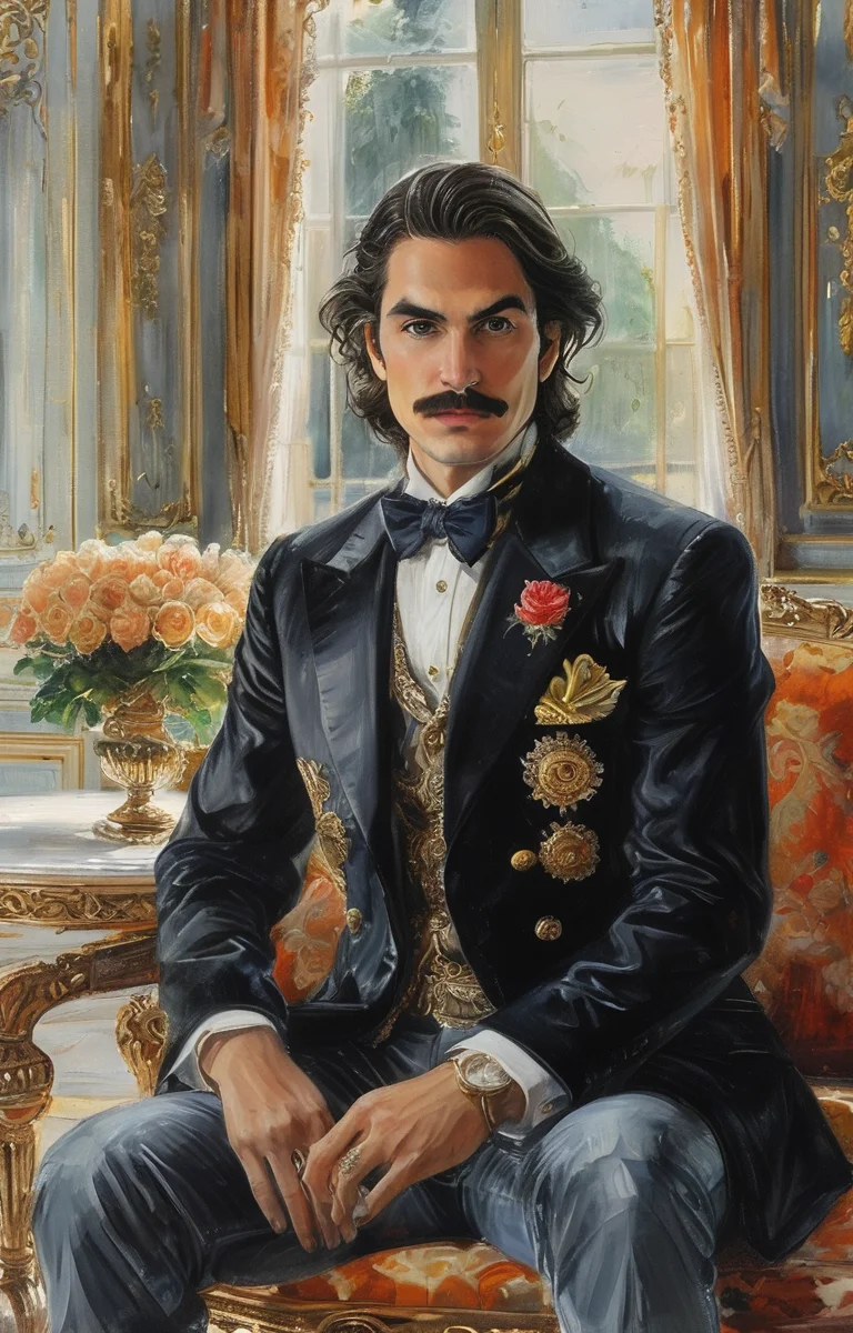 masterpiece,best quality,<lora:tbh343-sdxl:0.75>,illustration,style of Mario Buatta portrait of noble man