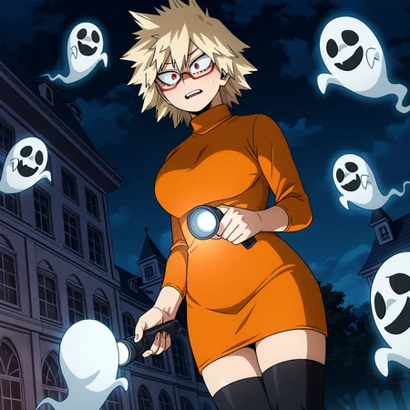<lora:MitsukiBakugo epsilon:1> m1t5u, bakugo mitsuki, 1girl, orange turtleneck dress, night, mansion, ghost, haunted, glasses, holding flashlight, thighhighs, nervous , masterpiece, best quality, very aesthetic